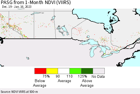 Canada PASG from 1-Month NDVI (VIIRS) Thematic Map For 1/9/2023 - 1/16/2023