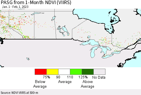Canada PASG from 1-Month NDVI (VIIRS) Thematic Map For 1/25/2023 - 2/1/2023