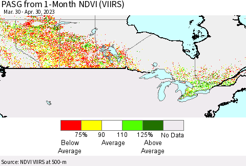 Canada PASG from 1-Month NDVI (VIIRS) Thematic Map For 4/23/2023 - 4/30/2023