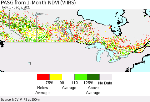 Canada PASG from 1-Month NDVI (VIIRS) Thematic Map For 11/25/2023 - 12/2/2023