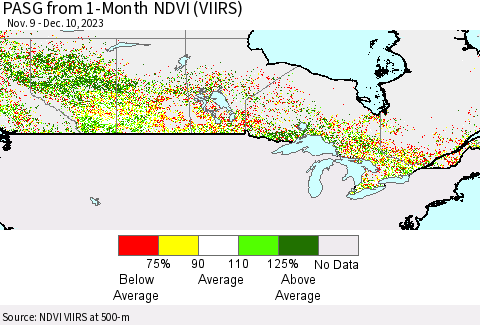 Canada PASG from 1-Month NDVI (VIIRS) Thematic Map For 12/3/2023 - 12/10/2023