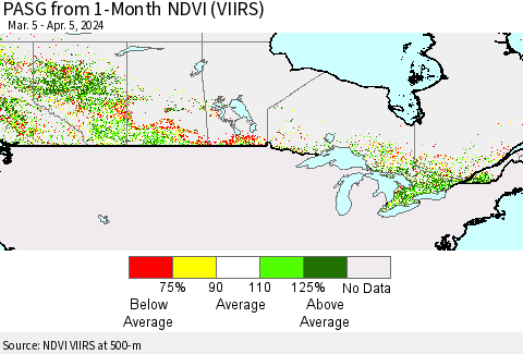 Canada PASG from 1-Month NDVI (VIIRS) Thematic Map For 3/29/2024 - 4/5/2024