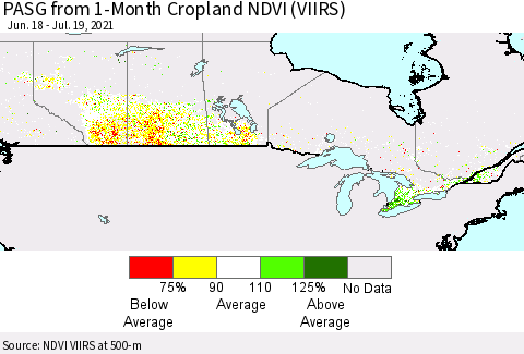 Canada PASG from 1-Month Cropland NDVI (VIIRS) Thematic Map For 7/12/2021 - 7/19/2021