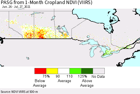 Canada PASG from 1-Month Cropland NDVI (VIIRS) Thematic Map For 7/20/2021 - 7/27/2021