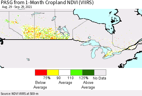 Canada PASG from 1-Month Cropland NDVI (VIIRS) Thematic Map For 9/22/2021 - 9/29/2021