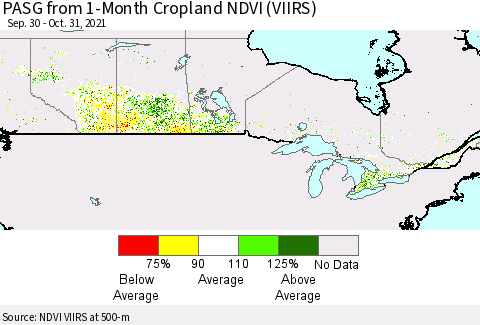 Canada PASG from 1-Month Cropland NDVI (VIIRS) Thematic Map For 10/24/2021 - 10/31/2021