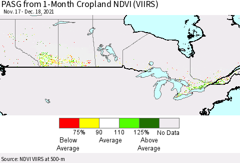 Canada PASG from 1-Month Cropland NDVI (VIIRS) Thematic Map For 12/11/2021 - 12/18/2021
