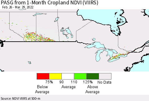 Canada PASG from 1-Month Cropland NDVI (VIIRS) Thematic Map For 3/22/2022 - 3/29/2022