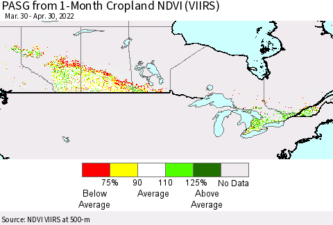 Canada PASG from 1-Month Cropland NDVI (VIIRS) Thematic Map For 4/23/2022 - 4/30/2022