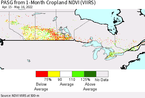 Canada PASG from 1-Month Cropland NDVI (VIIRS) Thematic Map For 5/9/2022 - 5/16/2022