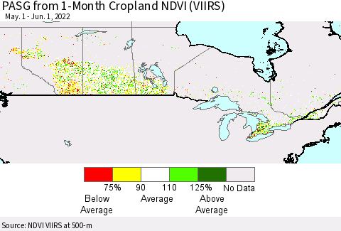 Canada PASG from 1-Month Cropland NDVI (VIIRS) Thematic Map For 5/25/2022 - 6/1/2022