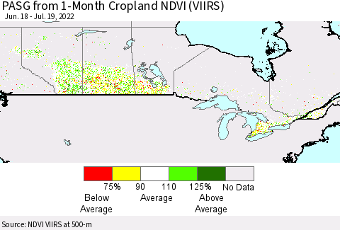 Canada PASG from 1-Month Cropland NDVI (VIIRS) Thematic Map For 7/12/2022 - 7/19/2022