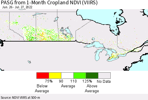 Canada PASG from 1-Month Cropland NDVI (VIIRS) Thematic Map For 7/20/2022 - 7/27/2022