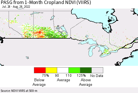 Canada PASG from 1-Month Cropland NDVI (VIIRS) Thematic Map For 8/21/2022 - 8/28/2022