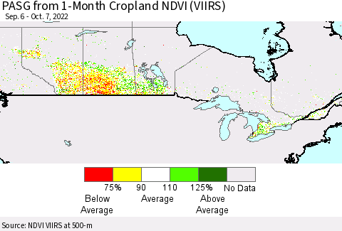 Canada PASG from 1-Month Cropland NDVI (VIIRS) Thematic Map For 9/30/2022 - 10/7/2022