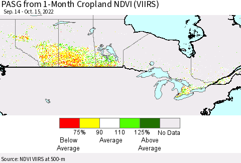 Canada PASG from 1-Month Cropland NDVI (VIIRS) Thematic Map For 10/8/2022 - 10/15/2022