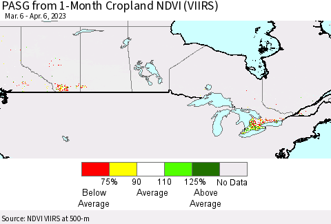 Canada PASG from 1-Month Cropland NDVI (VIIRS) Thematic Map For 3/30/2023 - 4/6/2023