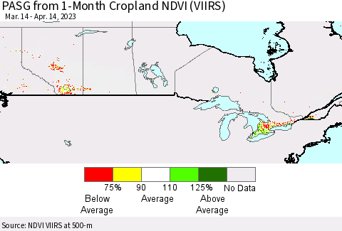 Canada PASG from 1-Month Cropland NDVI (VIIRS) Thematic Map For 4/7/2023 - 4/14/2023