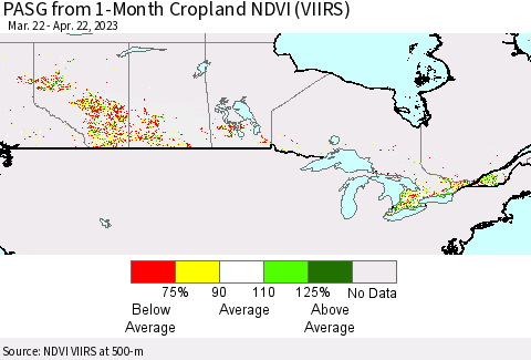 Canada PASG from 1-Month Cropland NDVI (VIIRS) Thematic Map For 4/15/2023 - 4/22/2023