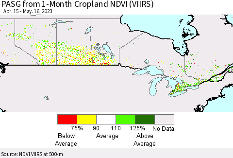 Canada PASG from 1-Month Cropland NDVI (VIIRS) Thematic Map For 5/9/2023 - 5/16/2023