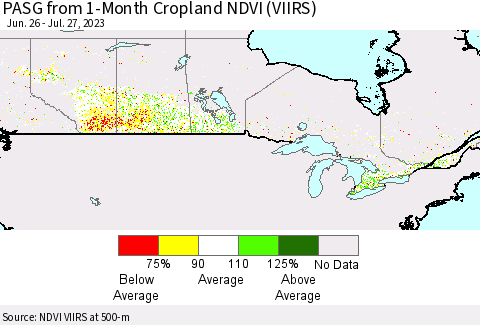 Canada PASG from 1-Month Cropland NDVI (VIIRS) Thematic Map For 7/20/2023 - 7/27/2023