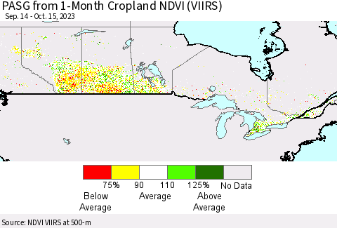 Canada PASG from 1-Month Cropland NDVI (VIIRS) Thematic Map For 10/8/2023 - 10/15/2023
