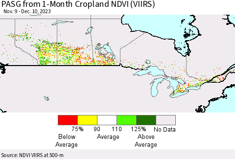 Canada PASG from 1-Month Cropland NDVI (VIIRS) Thematic Map For 12/3/2023 - 12/10/2023