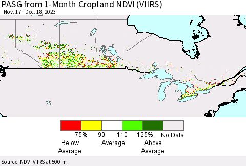 Canada PASG from 1-Month Cropland NDVI (VIIRS) Thematic Map For 12/11/2023 - 12/18/2023