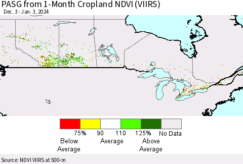 Canada PASG from 1-Month Cropland NDVI (VIIRS) Thematic Map For 12/27/2023 - 1/3/2024