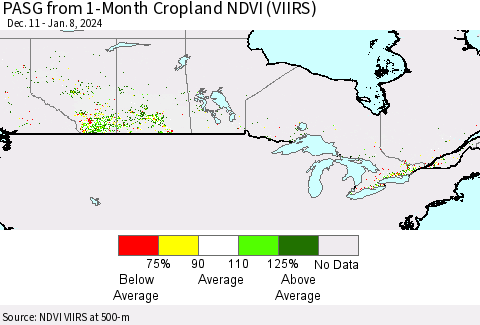 Canada PASG from 1-Month Cropland NDVI (VIIRS) Thematic Map For 1/1/2024 - 1/8/2024