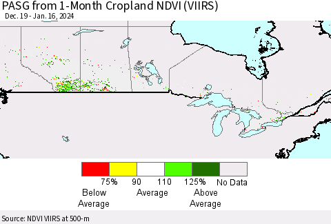 Canada PASG from 1-Month Cropland NDVI (VIIRS) Thematic Map For 1/9/2024 - 1/16/2024