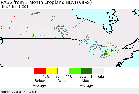 Canada PASG from 1-Month Cropland NDVI (VIIRS) Thematic Map For 2/26/2024 - 3/4/2024