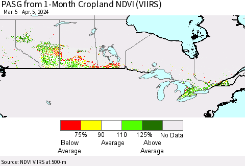 Canada PASG from 1-Month Cropland NDVI (VIIRS) Thematic Map For 3/29/2024 - 4/5/2024