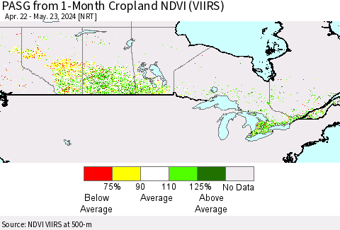 Canada PASG from 1-Month Cropland NDVI (VIIRS) Thematic Map For 5/16/2024 - 5/23/2024