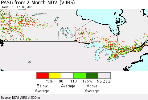Canada PASG from 2-Month NDVI (VIIRS) Thematic Map For 1/9/2023 - 1/16/2023