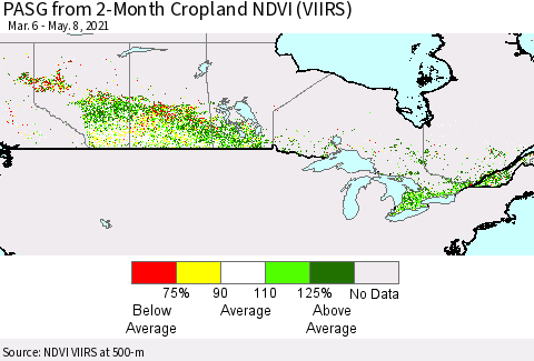 Canada PASG from 2-Month Cropland NDVI (VIIRS) Thematic Map For 5/1/2021 - 5/8/2021
