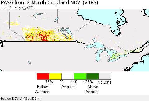 Canada PASG from 2-Month Cropland NDVI (VIIRS) Thematic Map For 8/21/2021 - 8/28/2021