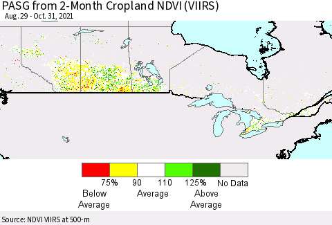 Canada PASG from 2-Month Cropland NDVI (VIIRS) Thematic Map For 10/24/2021 - 10/31/2021