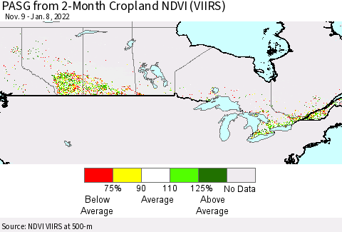 Canada PASG from 2-Month Cropland NDVI (VIIRS) Thematic Map For 1/1/2022 - 1/8/2022