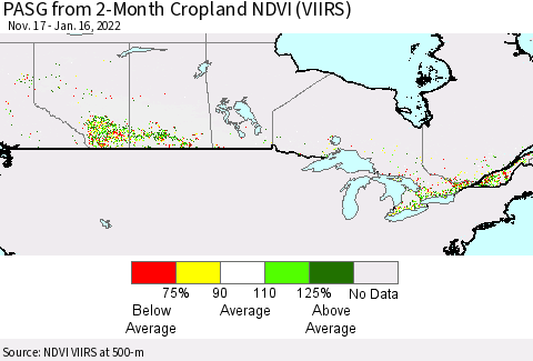 Canada PASG from 2-Month Cropland NDVI (VIIRS) Thematic Map For 1/9/2022 - 1/16/2022