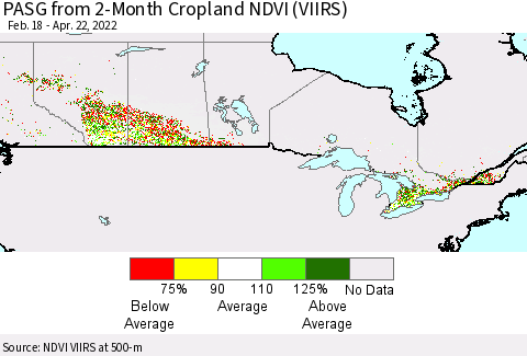 Canada PASG from 2-Month Cropland NDVI (VIIRS) Thematic Map For 4/15/2022 - 4/22/2022