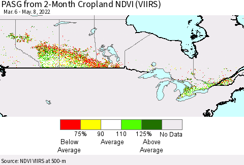 Canada PASG from 2-Month Cropland NDVI (VIIRS) Thematic Map For 5/1/2022 - 5/8/2022