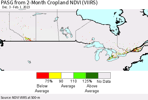 Canada PASG from 2-Month Cropland NDVI (VIIRS) Thematic Map For 1/25/2023 - 2/1/2023