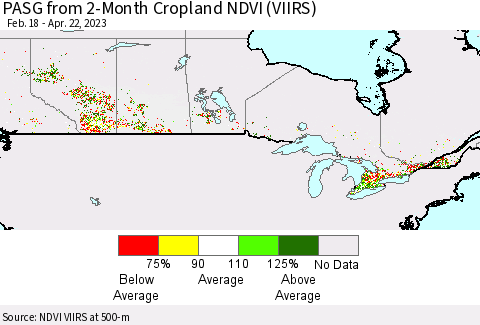 Canada PASG from 2-Month Cropland NDVI (VIIRS) Thematic Map For 4/15/2023 - 4/22/2023