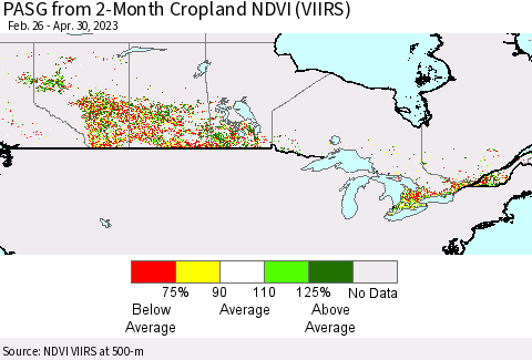 Canada PASG from 2-Month Cropland NDVI (VIIRS) Thematic Map For 4/23/2023 - 4/30/2023