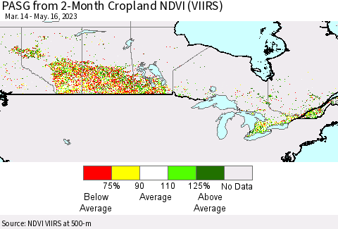 Canada PASG from 2-Month Cropland NDVI (VIIRS) Thematic Map For 5/9/2023 - 5/16/2023