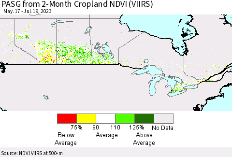 Canada PASG from 2-Month Cropland NDVI (VIIRS) Thematic Map For 7/12/2023 - 7/19/2023