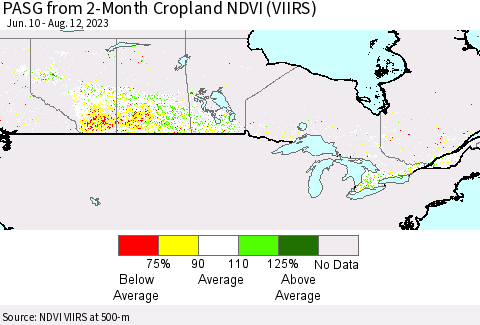 Canada PASG from 2-Month Cropland NDVI (VIIRS) Thematic Map For 8/5/2023 - 8/12/2023
