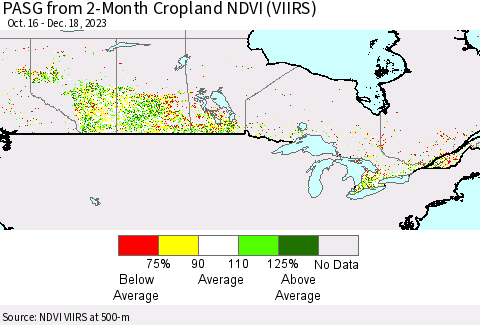Canada PASG from 2-Month Cropland NDVI (VIIRS) Thematic Map For 12/11/2023 - 12/18/2023