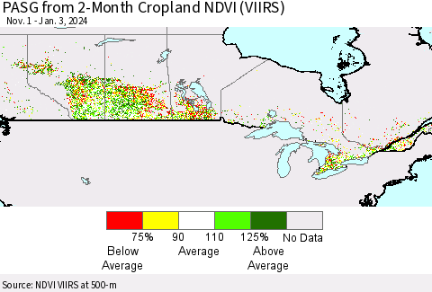 Canada PASG from 2-Month Cropland NDVI (VIIRS) Thematic Map For 12/27/2023 - 1/3/2024